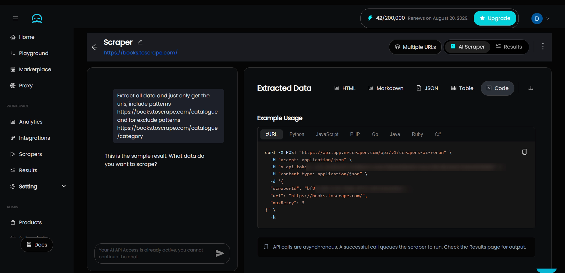 The MrScraper AI scraper showing extracted data and API example usage in multiple languages