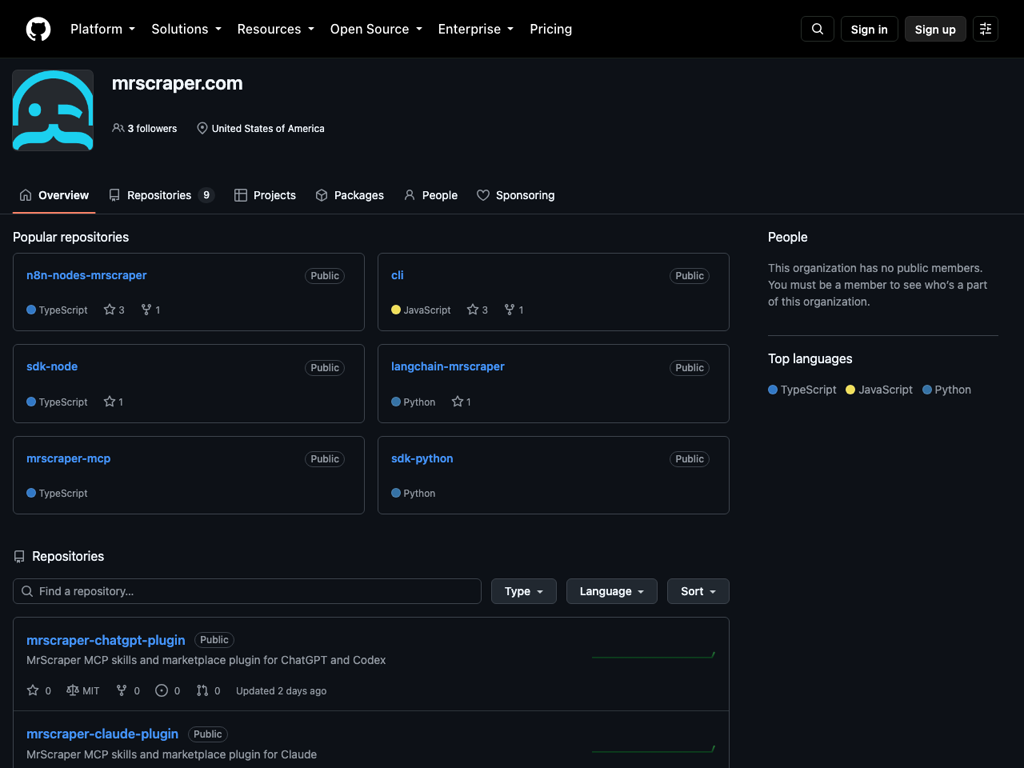 The MrScraper organization on GitHub with its open-source SDKs and MCP server repositories
