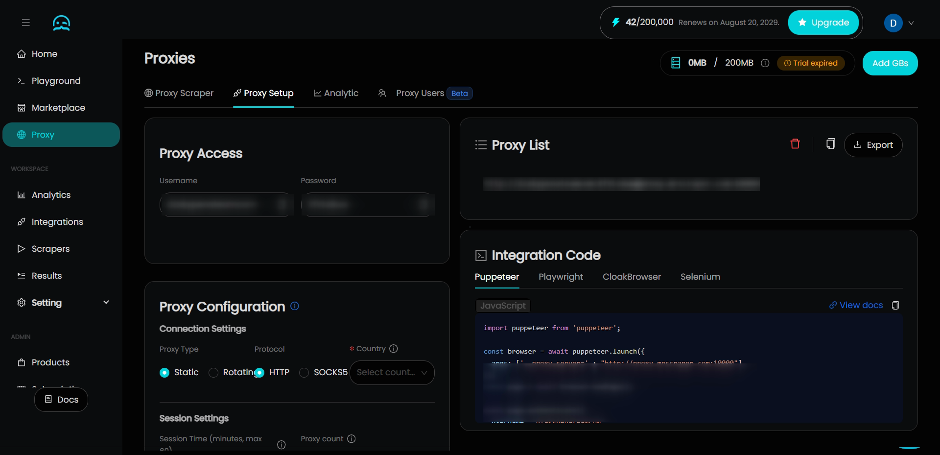 The MrScraper proxy setup dashboard with proxy access, configuration and integration code